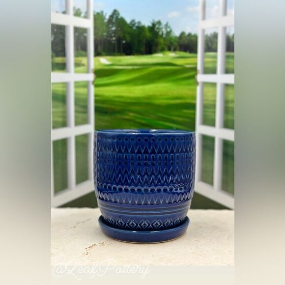 Blerta Blue Ceramic Planter Pot with Saucer Attached - Picture 1 of 9